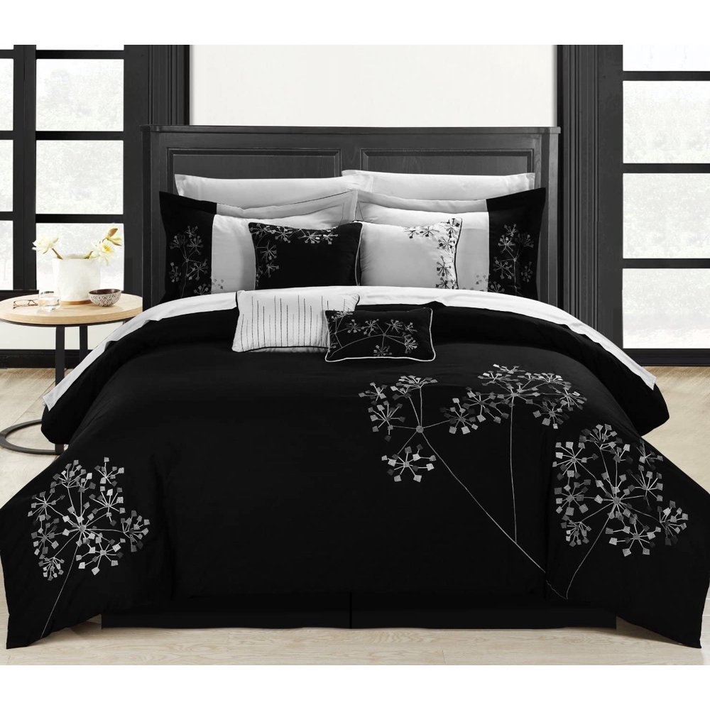 Chic Home Pink Floral Black & White Comforter Bed in A Bag Set 12 Piece