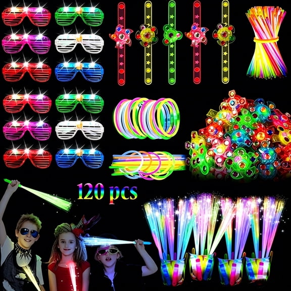 SUNPROUND 120-piece glow-in-the-dark party kit includes 6 pairs of glow-in-the-dark goggles, 8 fiber optic sticks, 6 glow-in-the-dark wristbands, and 100 party glow sticks.