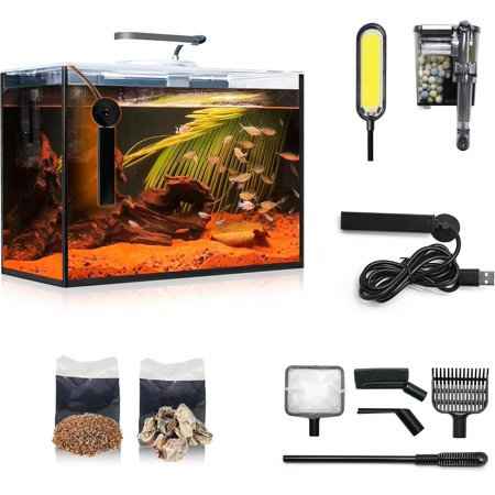3 Gallon Aquarium Betta Fish Tank Starter Kit, Including Heater Self Cleaning Filter Light Rocks Gravel Cleaning Tool Set, HD Float Glass Small Fish Bowl Christmas Birthday Gift Present
