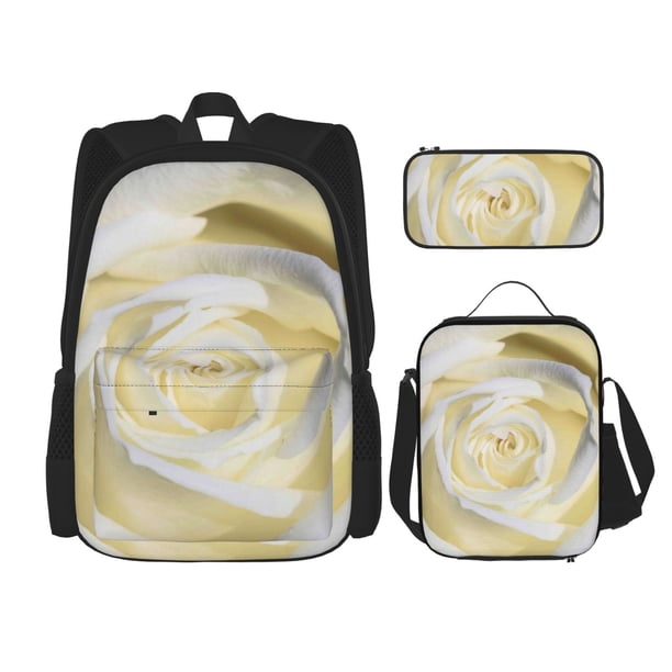 Easygdp White Rose Mochila para Niños y Niñas con Set de Caja de Almuerzo y Estuche para Lápices 3 en 1, Mochila Escolar Estampada para Adolescentes