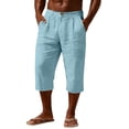 thumbnail image 2 of Guluxicc Linen Capris for Men Button Elastic Waist Pants Relaxed Fit Cropped Vacation Casual Beach Trousers with Pockets, 2 of 5