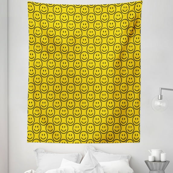 Emoticon Tapestry, Smiling Faces Expressing Happiness in Diagonal Joyful, Fabric Wall Hanging Decor for Bedroom Living Room Dorm, 5 Sizes, Dark Army Green and Yellow, by Ambesonne