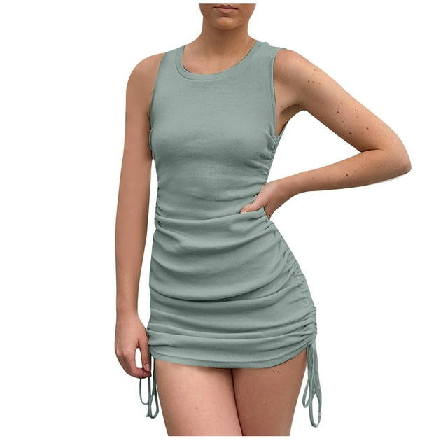 Mefallenssiah Women'S Summer Solid Color Fashion Slim Pleated Thread Drawstring Sleeveless Crew Neck Dress