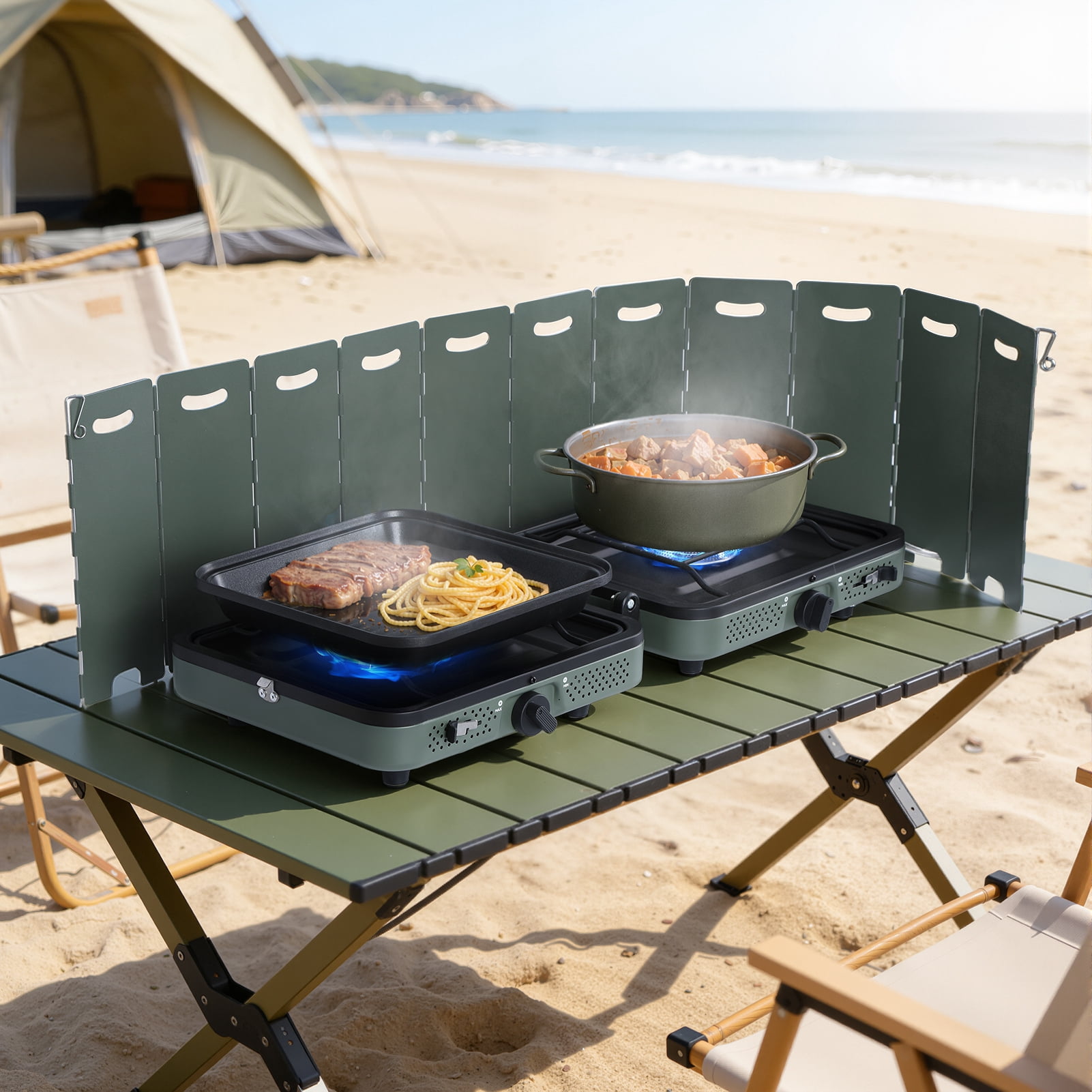 Portable Windproof Dual Burner Camping Stove,20,000 BTU High Output Metal Folding Gas Stove with Removable Windshield & Frying Pan-Perfect for Outdoor Cooking,Hiking,Tailgating & Emergency Use