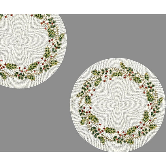 Handmade Beaded placemats, Holy Berries Design Table Mats, Christmas Charger Plates 13x36 Inches