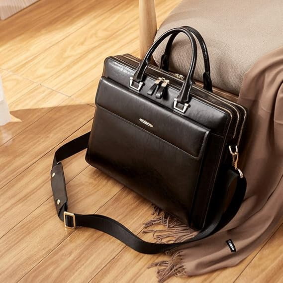 RKXQT Leather 15.6 Inch Business Briefcase for Women with 2 Zipper Compartments Laptop bag