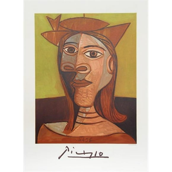 Pablo Picasso 2068 Tete de Femme- Lithographie sur Papier 29 Po x 22 Po - Marron-Gris- Noir- Bleu- Rouge