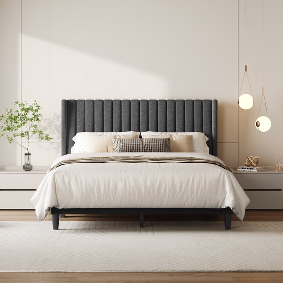 Yaheetech Upholstered Platform Bed Frame with Channel Tufted Headboard, Queen, Dark Gray