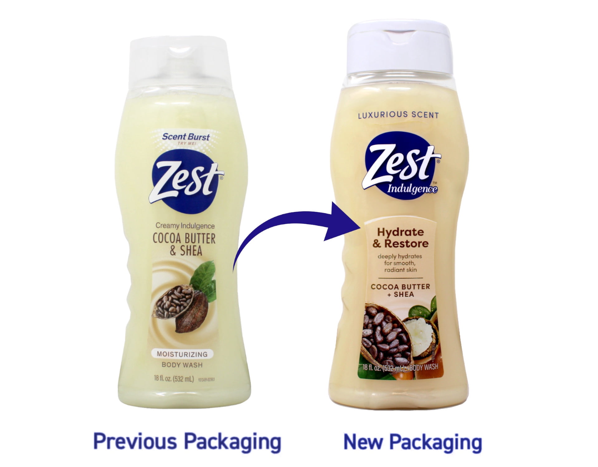 Zest Body Wash, Creamy Cocoa Butter & Shea 18 oz (Pack of 4)