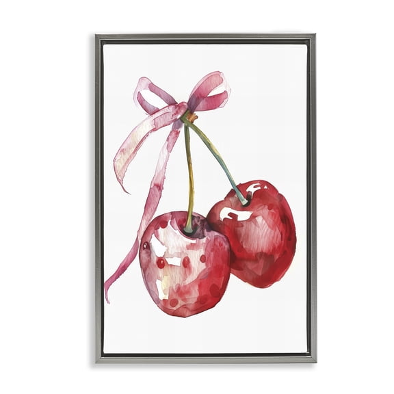 Stupell Industries Glam Cherries Tied in Ribbon Gray Floating Frame Canvas Art, 17 x 25, by LSR Design Studio