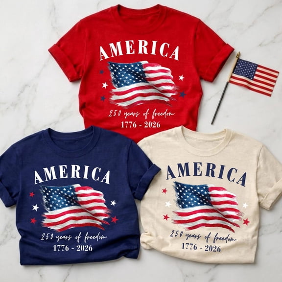 VibeNest Studio Unisex 250 Years of Freedom 1776-2026 American Flag Patriotic Family Matching Graphic T-Shirt