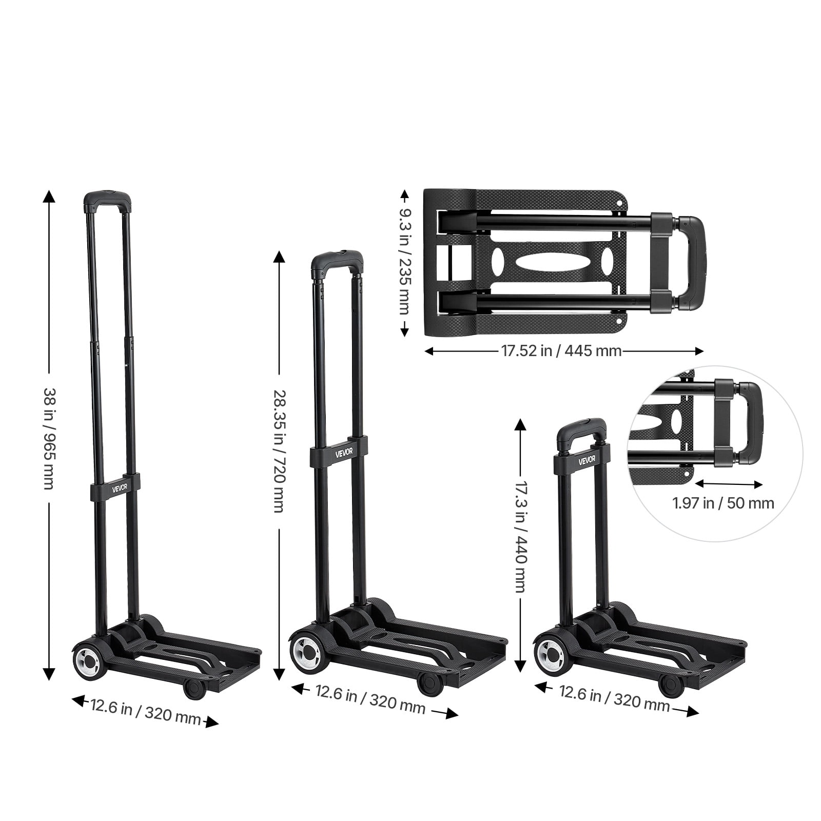 VEVOR Folding Hand Truck, 110 lbs Load Capacity, Collapsible Luggage Cart with 2 Wheels & 1 Elastic Rope, Utility Dolly Platform Cart for Airport Travel Furniture Luggage Office Moving, Black
