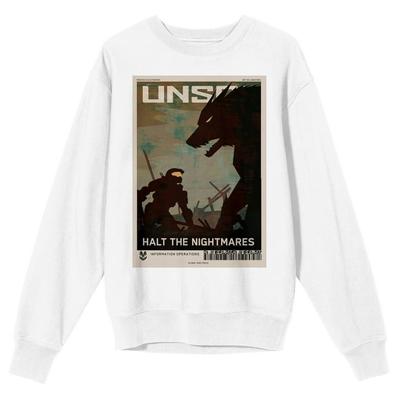 Halo Halt The Nightmares Crew Neck Long Sleeve Adult White Sweatshirt
-Medium