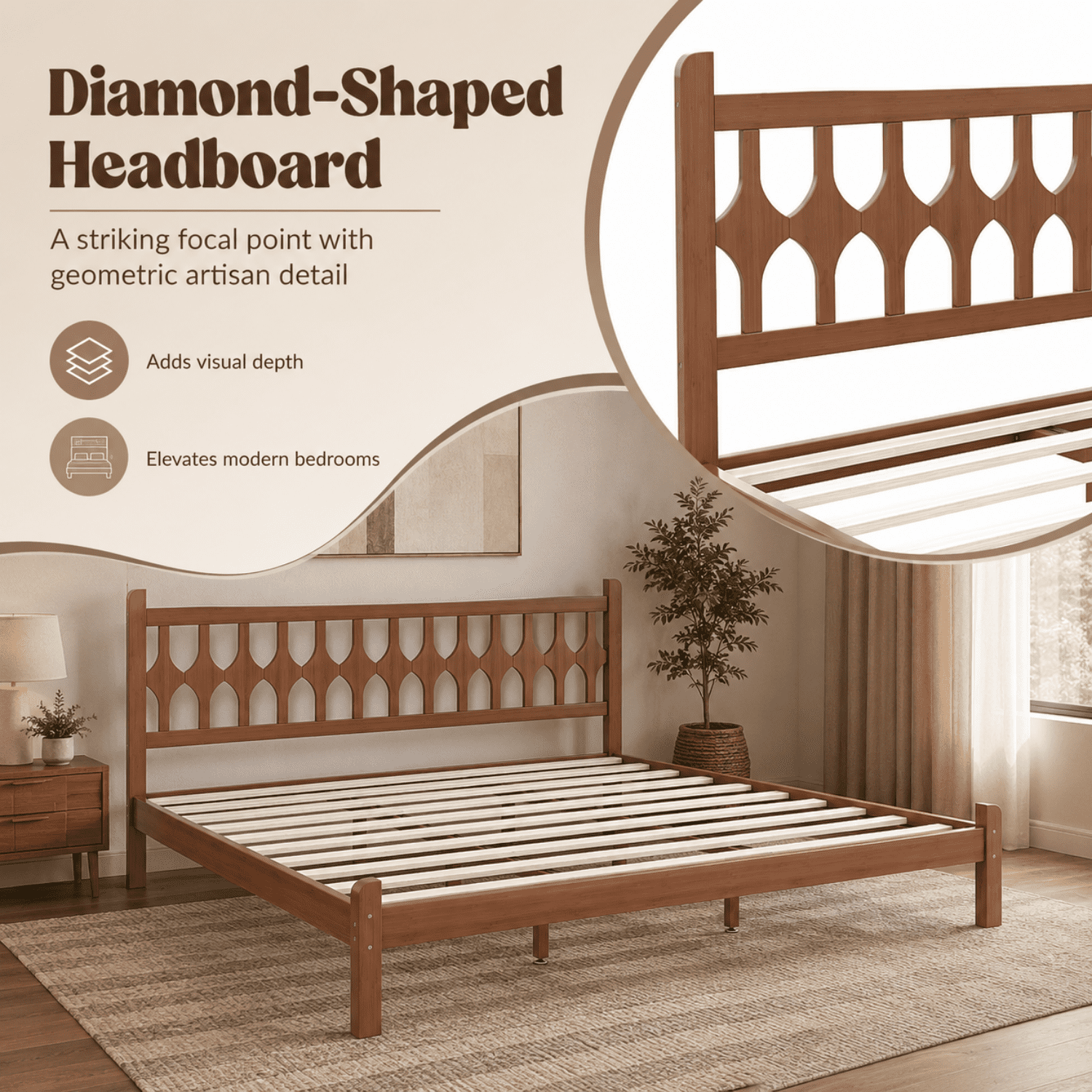 Miniyam King Size Bamboo Platform Bed Frame with Geometric Headboard, Brown