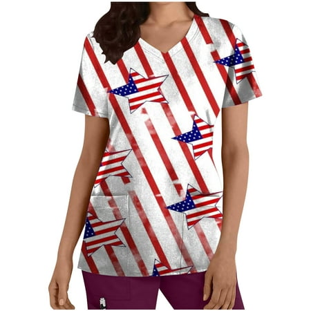 

Taqqpue Independence Day V-Neck Short Sleeve Scrub Tops for Women Plus Size American Flag Print Blouse Casual Working Nurse Uniform Workout Tops T-Shirts with Pockets 4th of July Outfits for Women