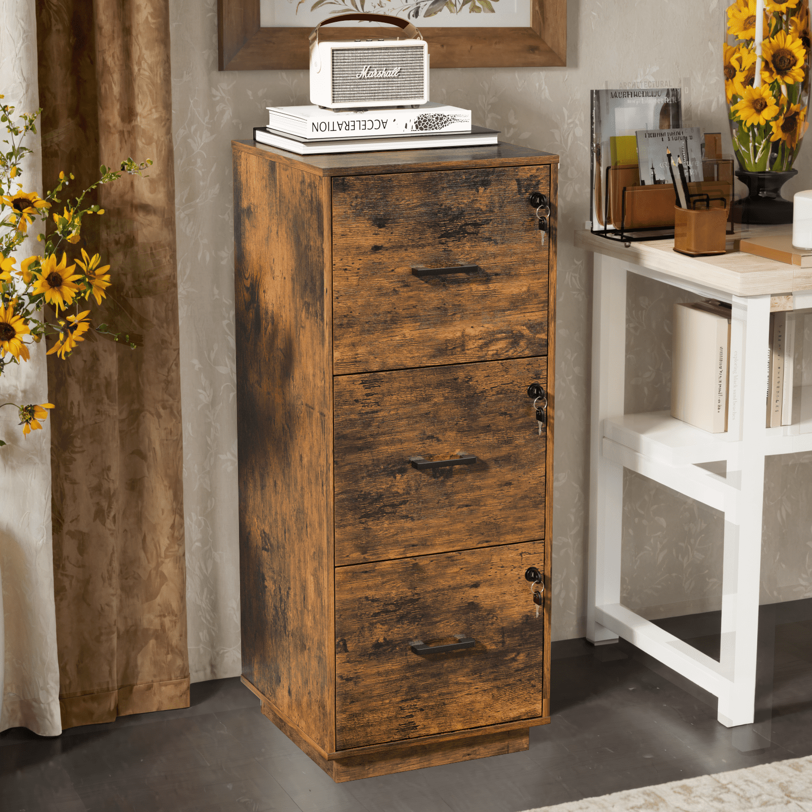 Ktaxon 3-Drawer Wood File Cabinet with Lock Vertical Filing Cabinet for Home Office Easy to Assemble, Rotten