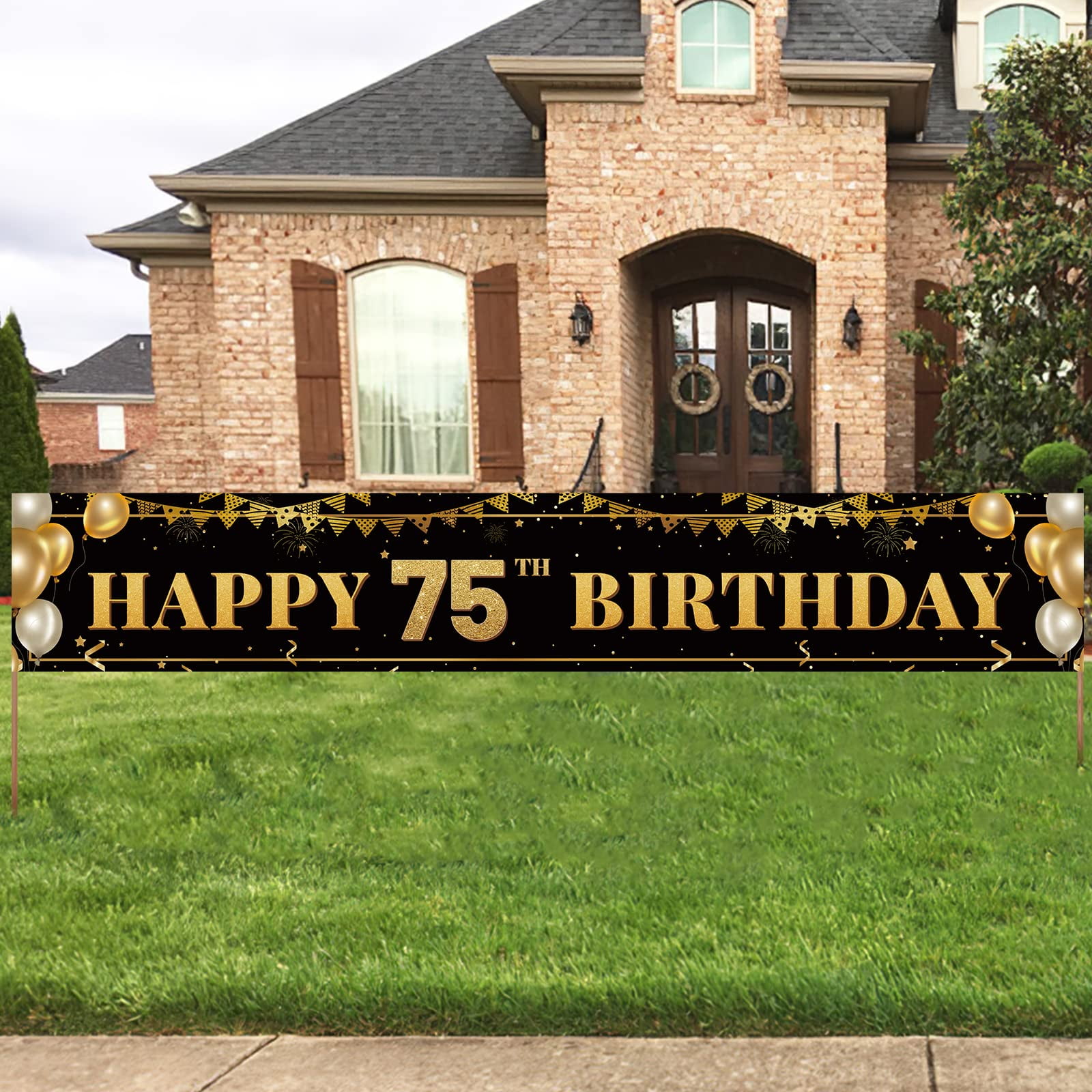 Large Happy 75th Birthday Decoration Banner, Black and Gold Happy 75th Birthday Banner Sign 