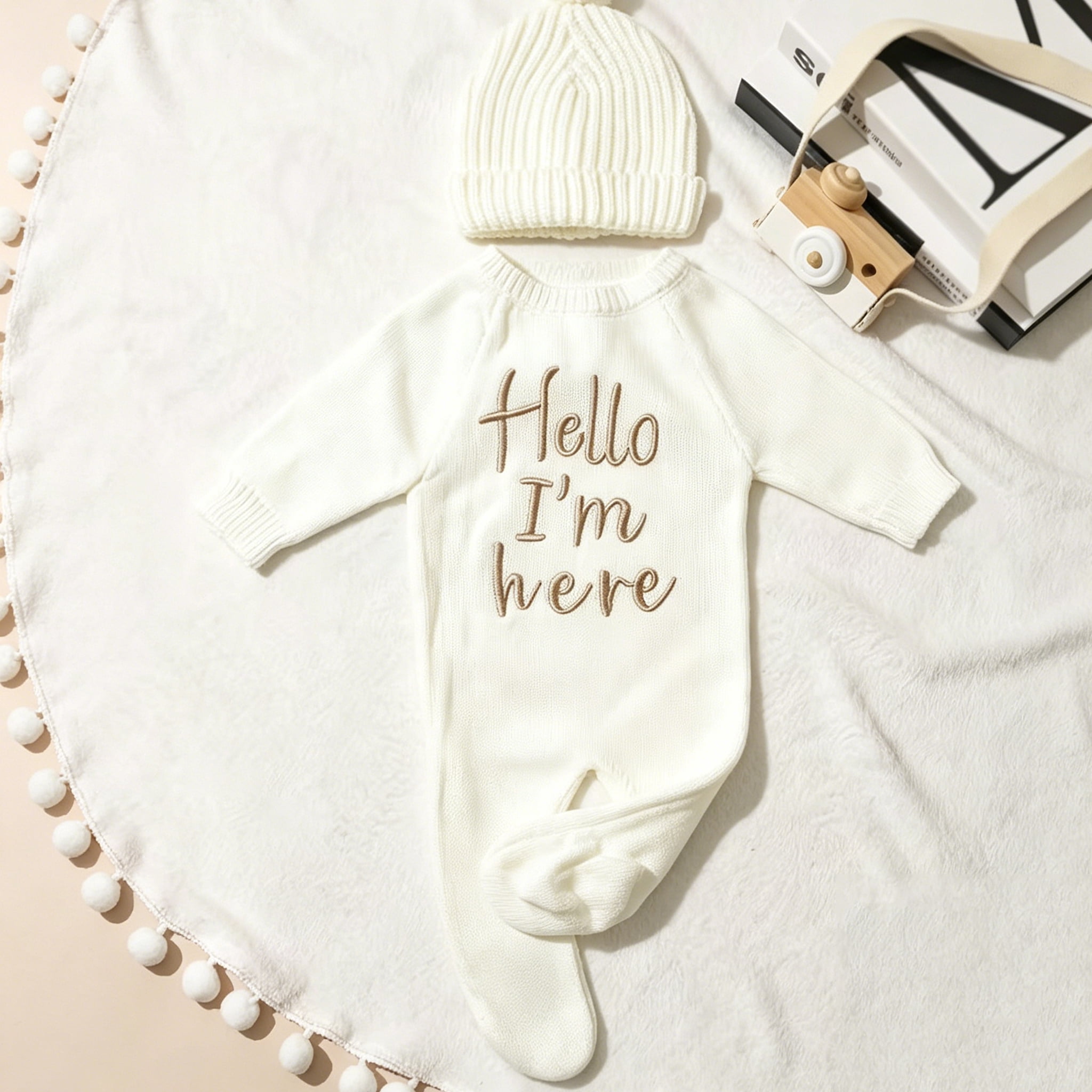 Ylsteed "Hello" Embroidery Knitting Onesie Newborn Birth Announcement Outfits Footed Jumpsuit Baby Boy Girl Photography Props Newborn