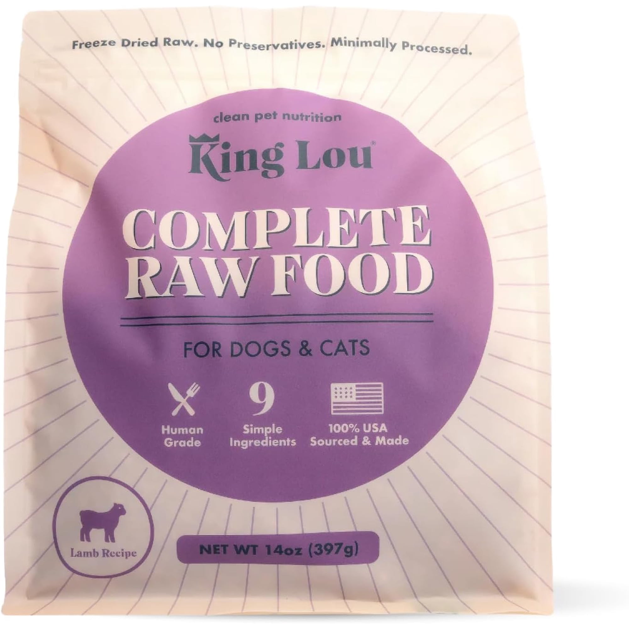 King Lou Pets - Human Grade Raw Food for Dogs and Cats - Complete Meal for Pets - Freeze Dried Lamb Recipe - 14oz
