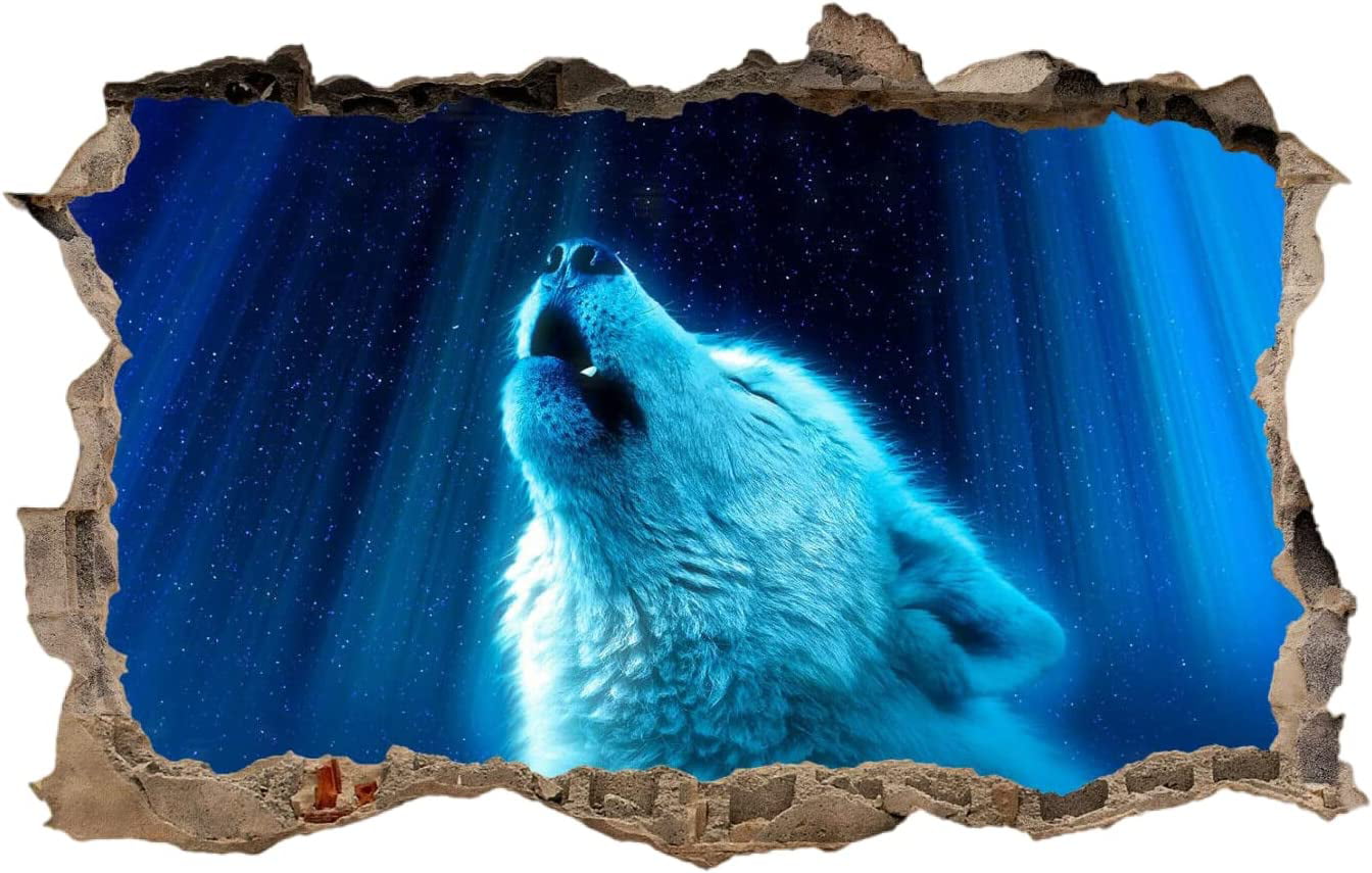 Wolf 3D Wall Decor Stickers, Animal Removable Waterproof Vinyl Floor Decals  Art Blue, Wall Stickers 3D Smashed Wall Mural Decals For Kids Bedroom  Living Room Nursery Home Wall Décor 35
