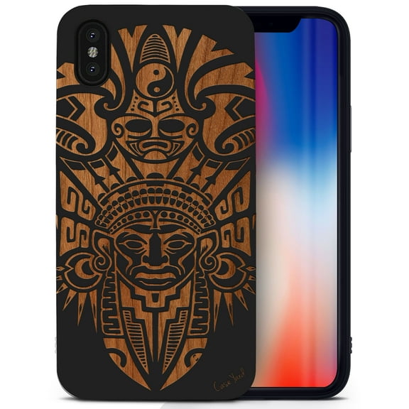Case Yard Wooden Case for iPhone-XS-Max Soft TPU Silicone cover Slim Fit Shockproof Wood Protective Phone Cover for Girls Boys Men and Women Supports Wireless Charging Tribal Indian Mask Design