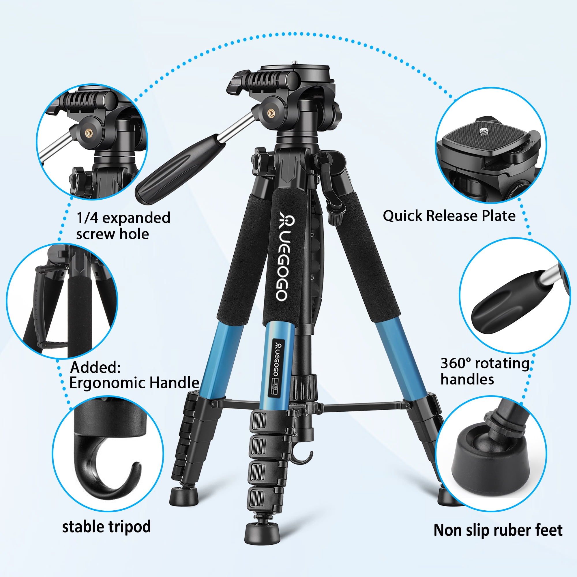 UEGOGO 74-inch camera tripod with travel bag, expandable camera tripod, T-phone stand + quick mounting pad, mobile phone live stand tripod removable pylon camera tripod