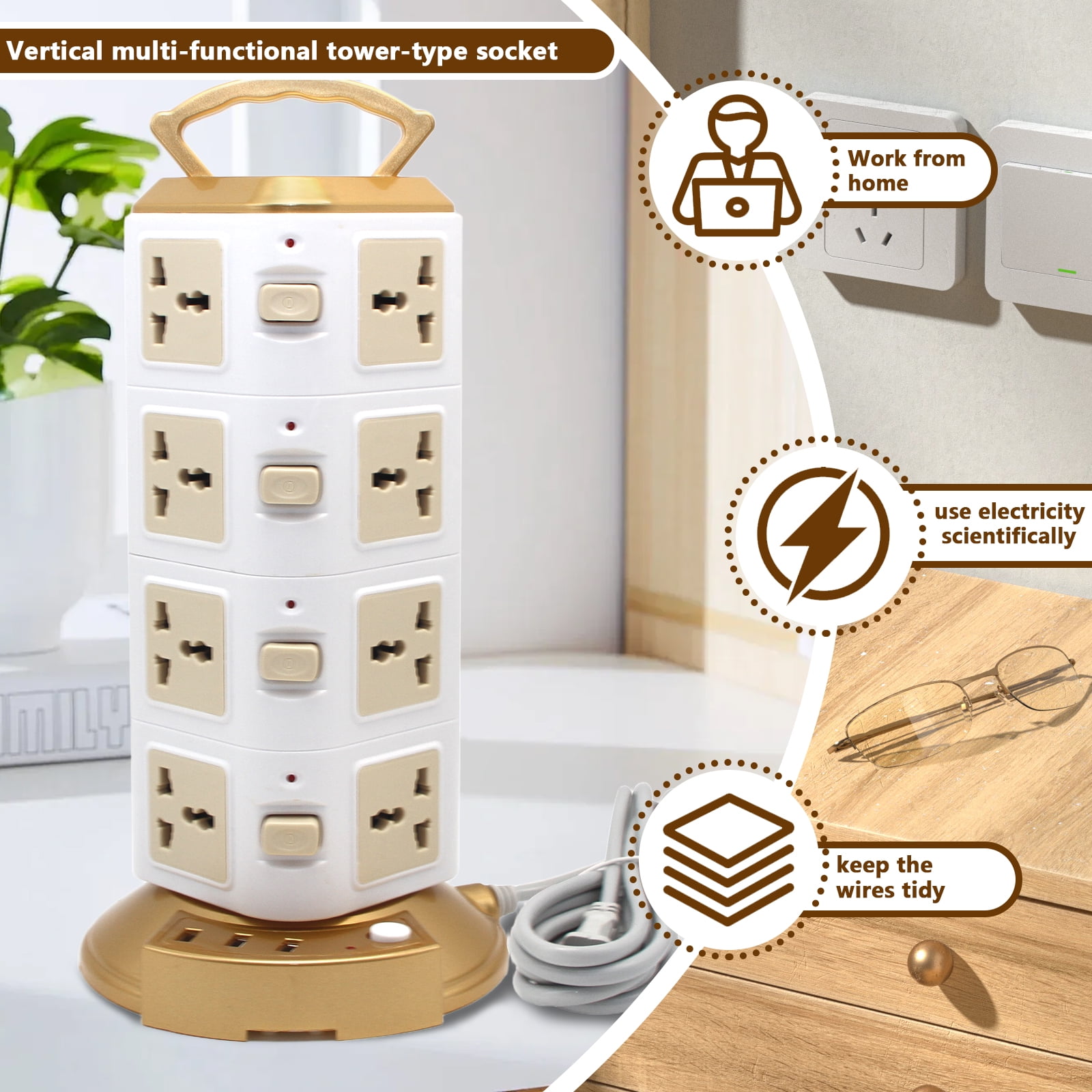 Arcticwind Surge Protector Power Strip Tower w/12/16 Outlets, 3 USB Ports, 2500W Max, Portable Modular Power Tower, Built-in Overload & Lightning Protection, w/9.85ft Cable