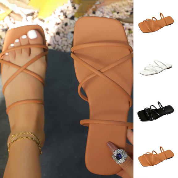 Miluxas Women's Criss Cross Strappy Flat Sandals Square Open Toe Dressy Slip On Slides White 9.5(43)