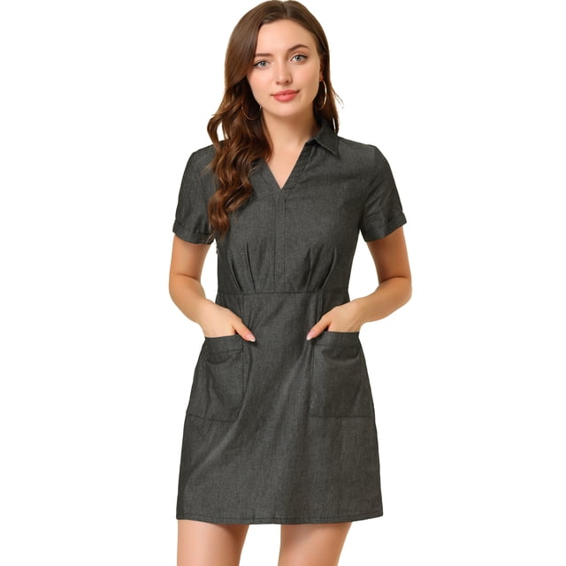 INSPIRE CHIC Robe-Chemise Trapèze Unie en Chambray pour Femme à Col Rabattu avec Poches