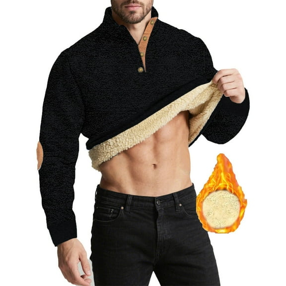 GuangCheng Mens Fleece Lined Sweatshirts,Half Zip,Pullover,Thermal Warm Tops,Sherpa Interior,Elbow Patches Tops,Black,Size XL