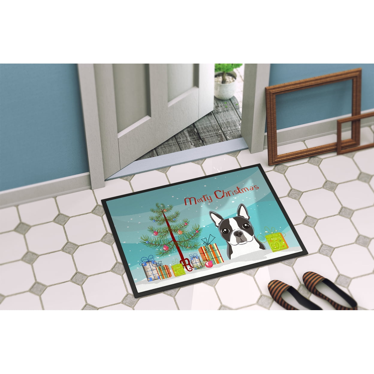 Christmas Tree and Boston Terrier Door Mat