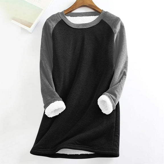 Women's Color Block Raglan Sleeve Mid-Length Sweatshirt, Soft Plush Fleece Lined Pullover without Hood, Casual Long Sleeve Streetwear Top for Fall Winter, Comfortable Plus Size Loungewear Black L