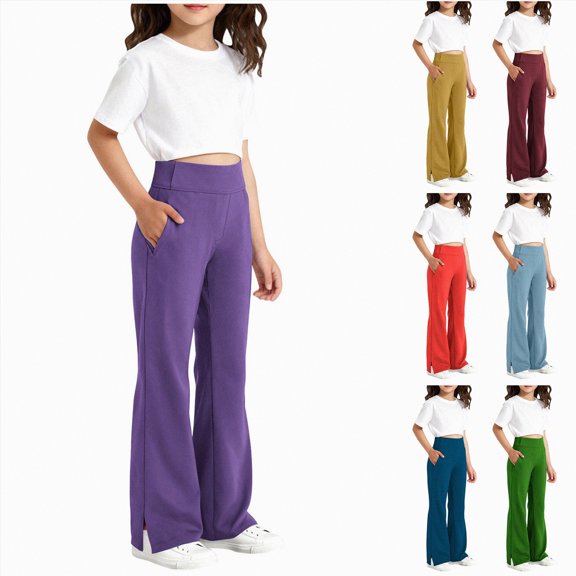 TAmten Girls Leggings Flare Yoga Pants Kids Bootcut High Waisted Workout Dance Pants with Pockets|Brick Red 8-9 Years