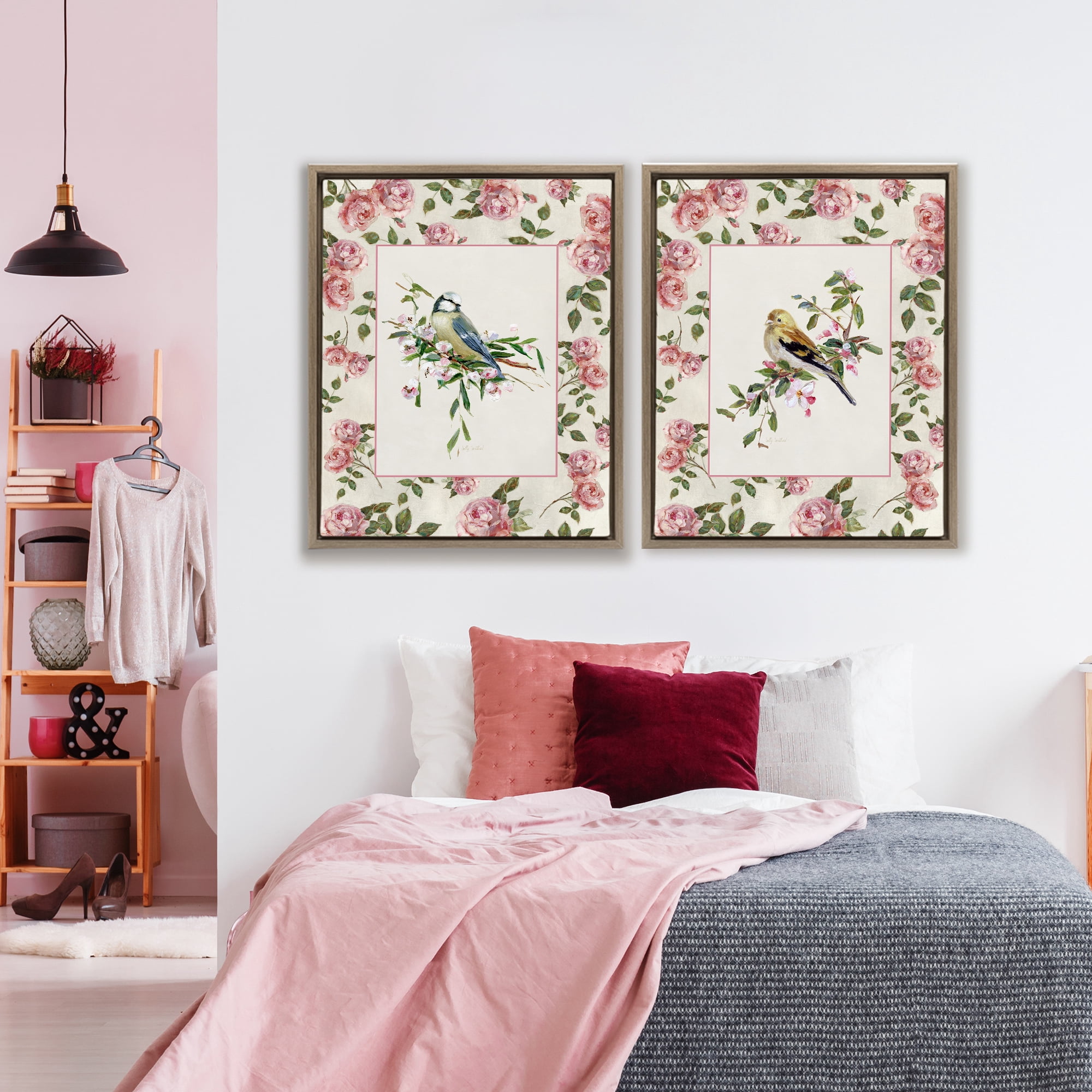 Stupell Industries Dainty Roses & Birds 2 Piece Brown Framed Floater Canvas Set, design by Sally Swatland