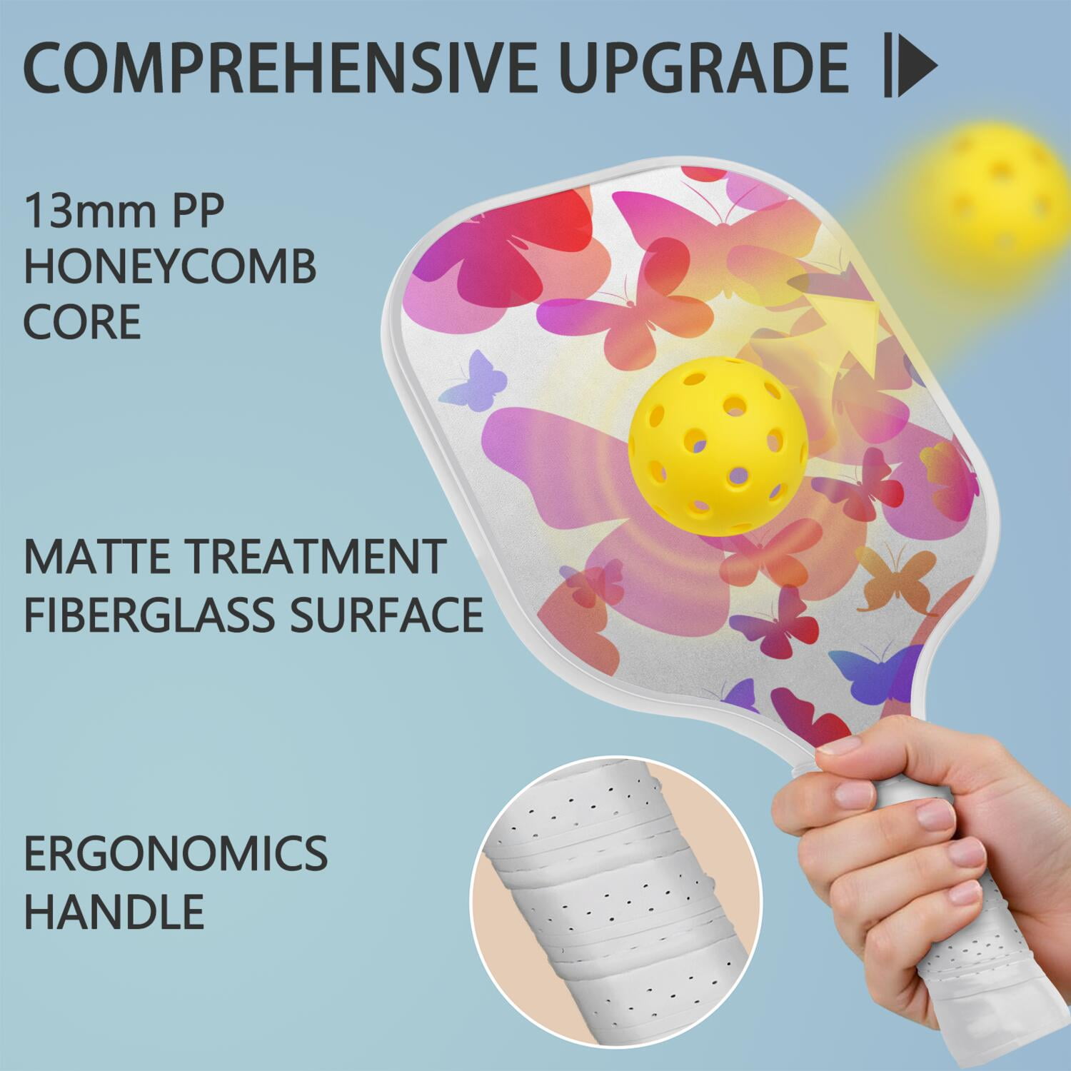 Pickleball Paddles Set Of 2, Fiberglass Surface, Butterfly, Spring Print, 4 Balls & Bag