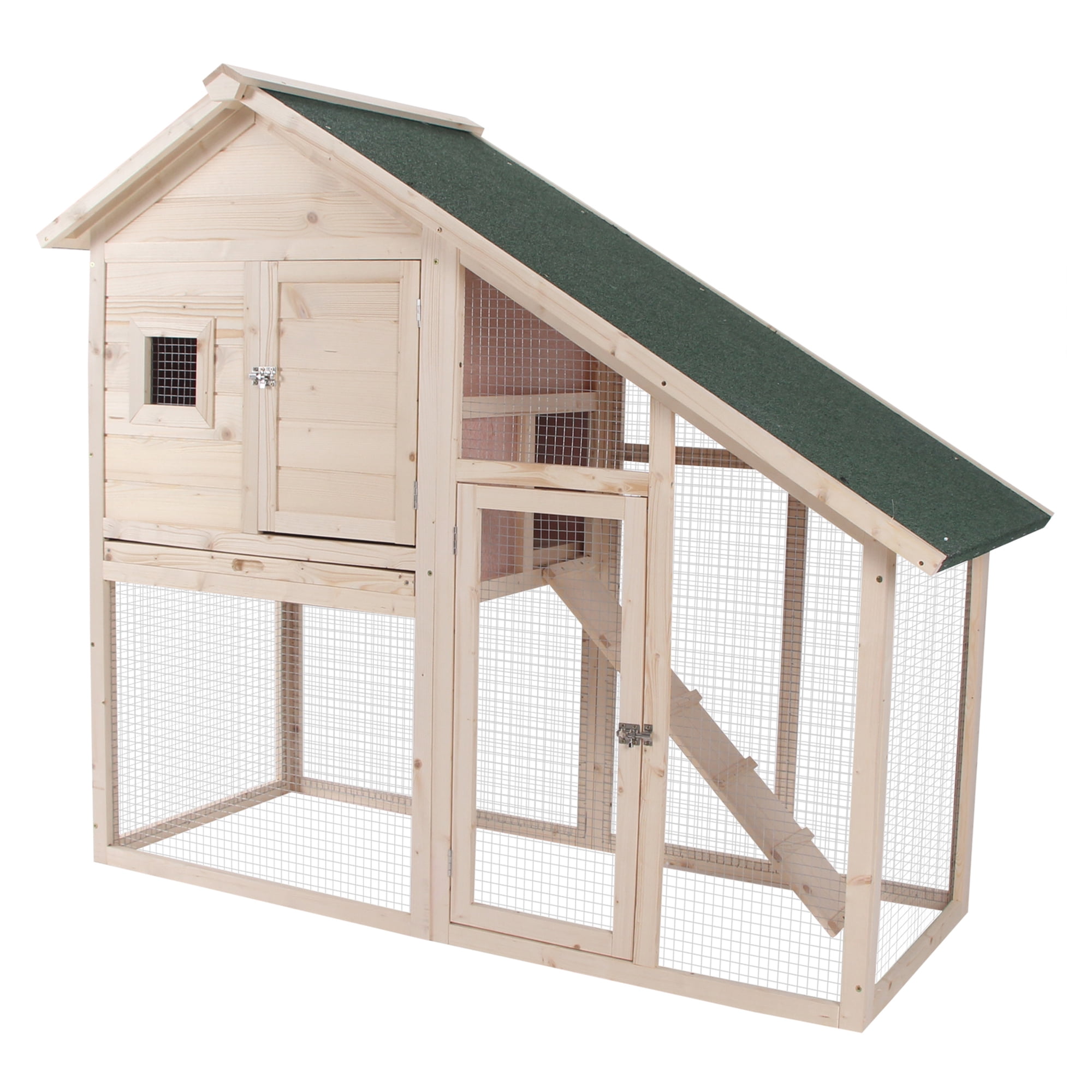55" Rabbit Hutch, 2-Tier Outdoor Bunny Cage, Fir Wood Small Animal Playpen with Run & Asphalt Roof
