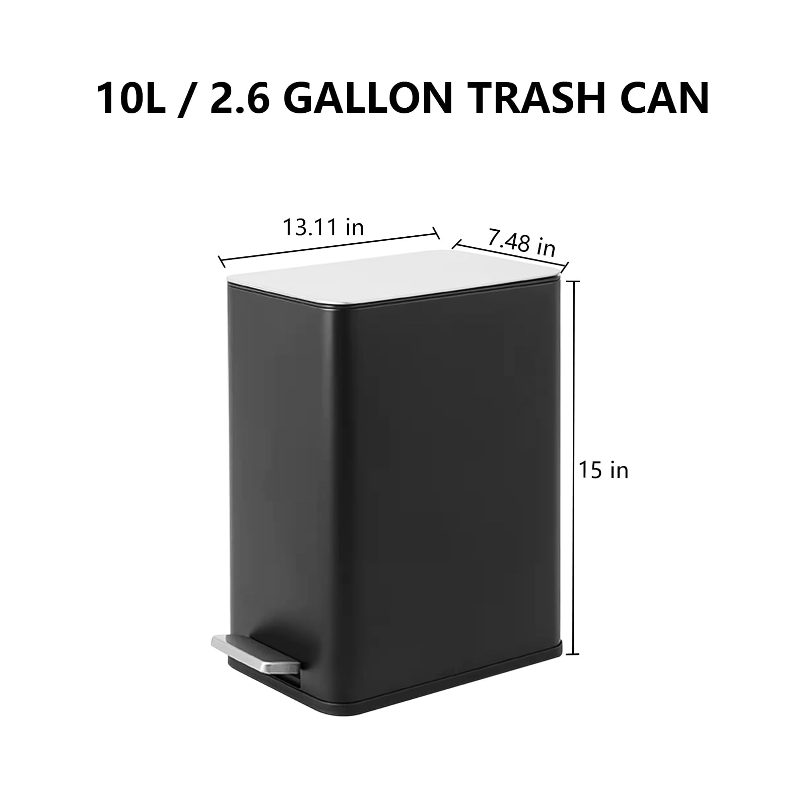 Simplykleen 10L/2.6 Gallon Rectangular Step Trash Can Stainless Steel with Removable Inner Bucket for Kitchen Bathroom Black