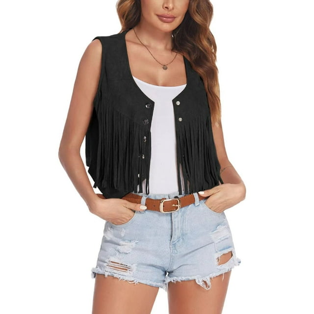 Mialoley Gilet en Suède à Franges pour Femme, Couleur Unie, Sans Manches, à Boutons devant, Style Hippie, Veste Courte, Gilet Rétro