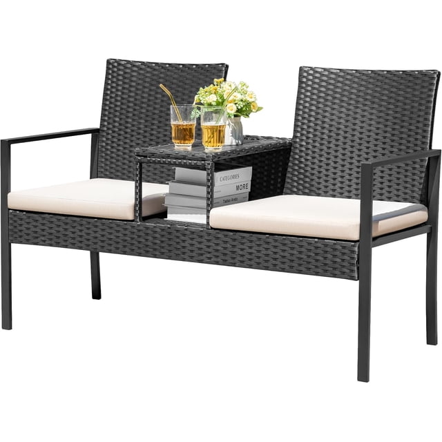 WLXIANG Patio Conversation Sets Outdoor Loveseat with Built-in Table & Cushions Wicker Patio Furniture Porch Chairs Bench for Lawn, Backyard, Balcony (Beige)
