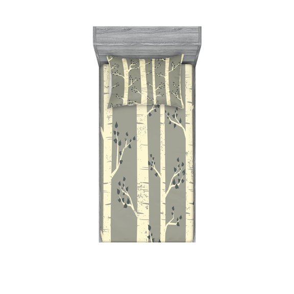 Ambesonne Birch Fitted Sheet & Pillow Sham Set, Trees Nature Boho Composition, Twinxl, Pale Yellow and Warm Taupe