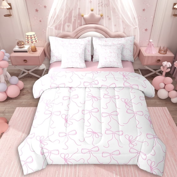 Erosebridal Dreamy Pink Bow Tie Twin Bedding Sets 7-Piece For Girls,Cartoon Ribbon Bow Bedding Comforter Set For Kids Teens,Pink Reversible