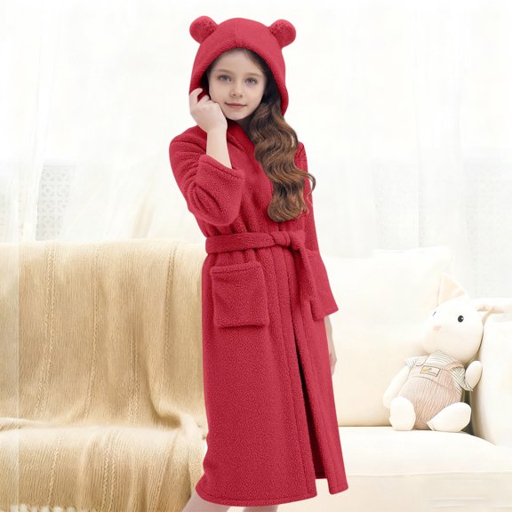 Trikvn Girls Fleece Bathrobe Hooded Plush Sleepwear Cozy Flannel Robe with Pockets and Belt for Kids Tween Loungewear Nightgown Spa Soft Fluffy House Pajamas