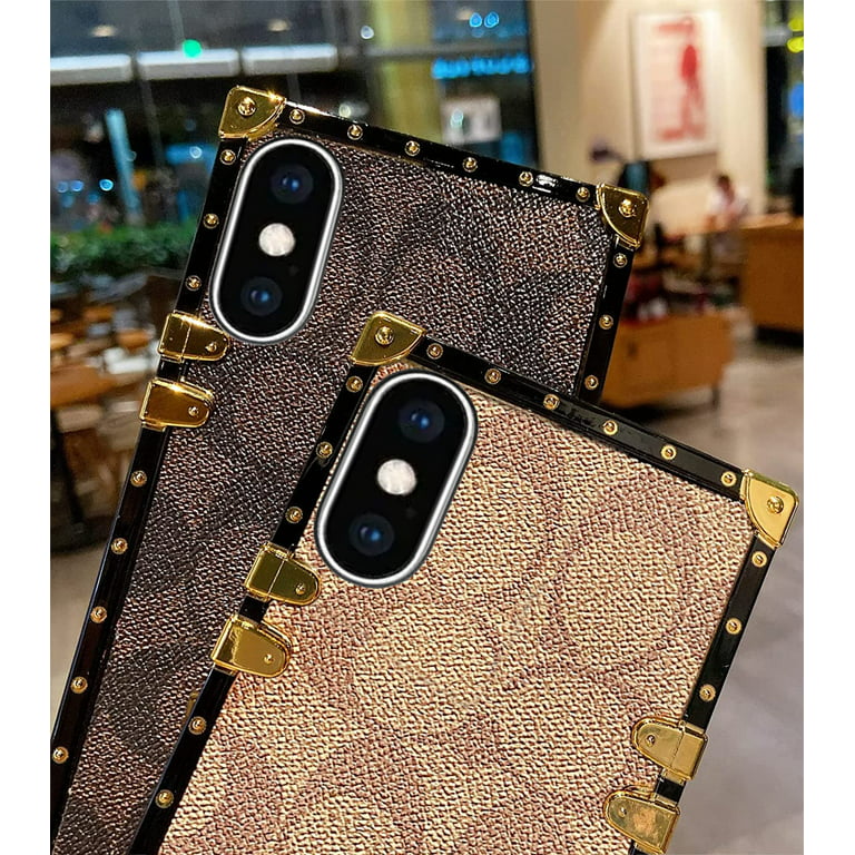 Designer Square Case Compatible with iPhone XR for Women, Luxury Aesthetic  Classic Pattern Leather Back Cover Soft Frame Metal nameplate Cute Shiny  Trunk iPhone XR Case 6.1 inch - Coffee 