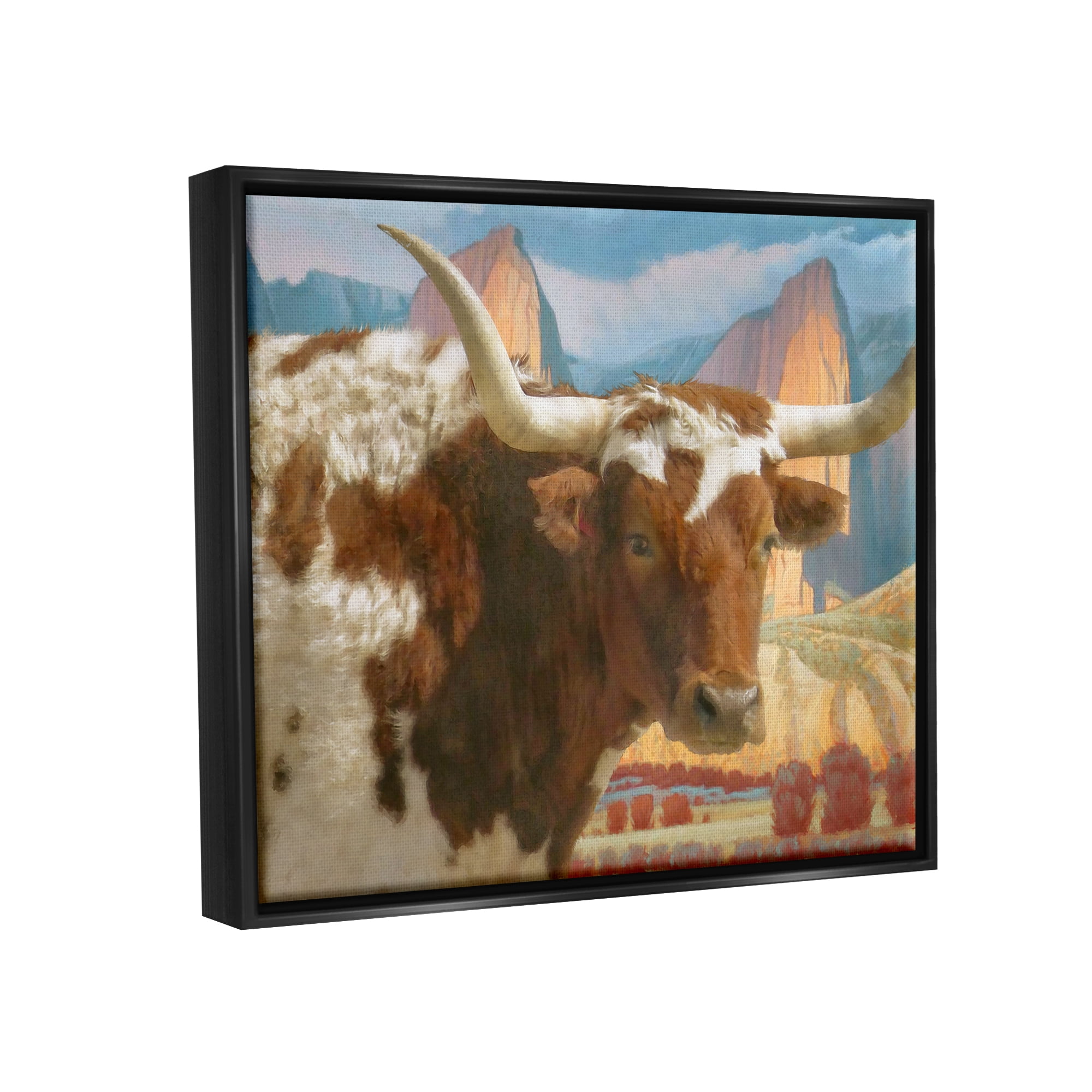 Stupell Longhorn Cattle Farm Landscape Animals & Insects Painting Black Floater Framed Art Print Wall Art
