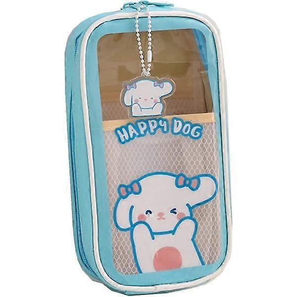 Large capacity pencil case, Cute girl pencil case Transparent Large pencil bag School supplies (Blue dog)
