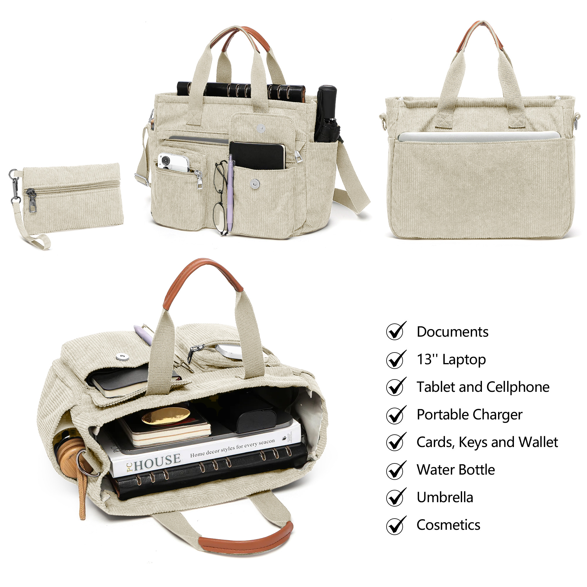 2-Piece Women's Corduroy Bag Set: Stylish Laptop Tote + Multi-Functional Crossbody Bag – Large-Capacity Work/Travel/Gym Bag