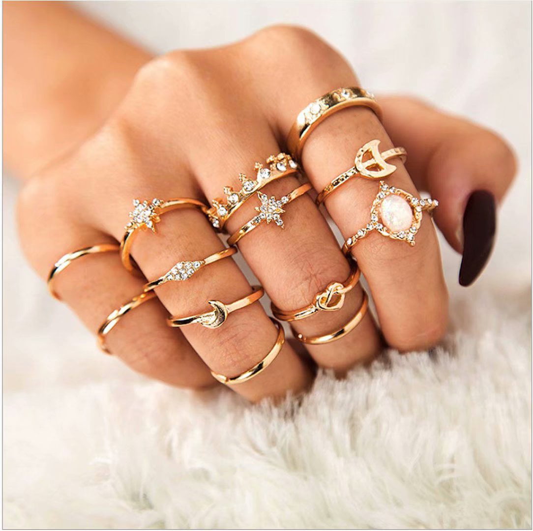 Fashion 5Pcs/Set Crystal Gold Star Moon Knuckles Rings Bohemian Midi Finger Ring 