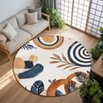 thumbnail image 3 of 7ft Round Rug, Brown Nave Blue Boho Non-Skid Rubber Backing Large Area Rugs - Living Room Bedroom Home Office, Modern Geometric Botanical Indoor Floor Mat Carpets Washable Rug, 3 of 9