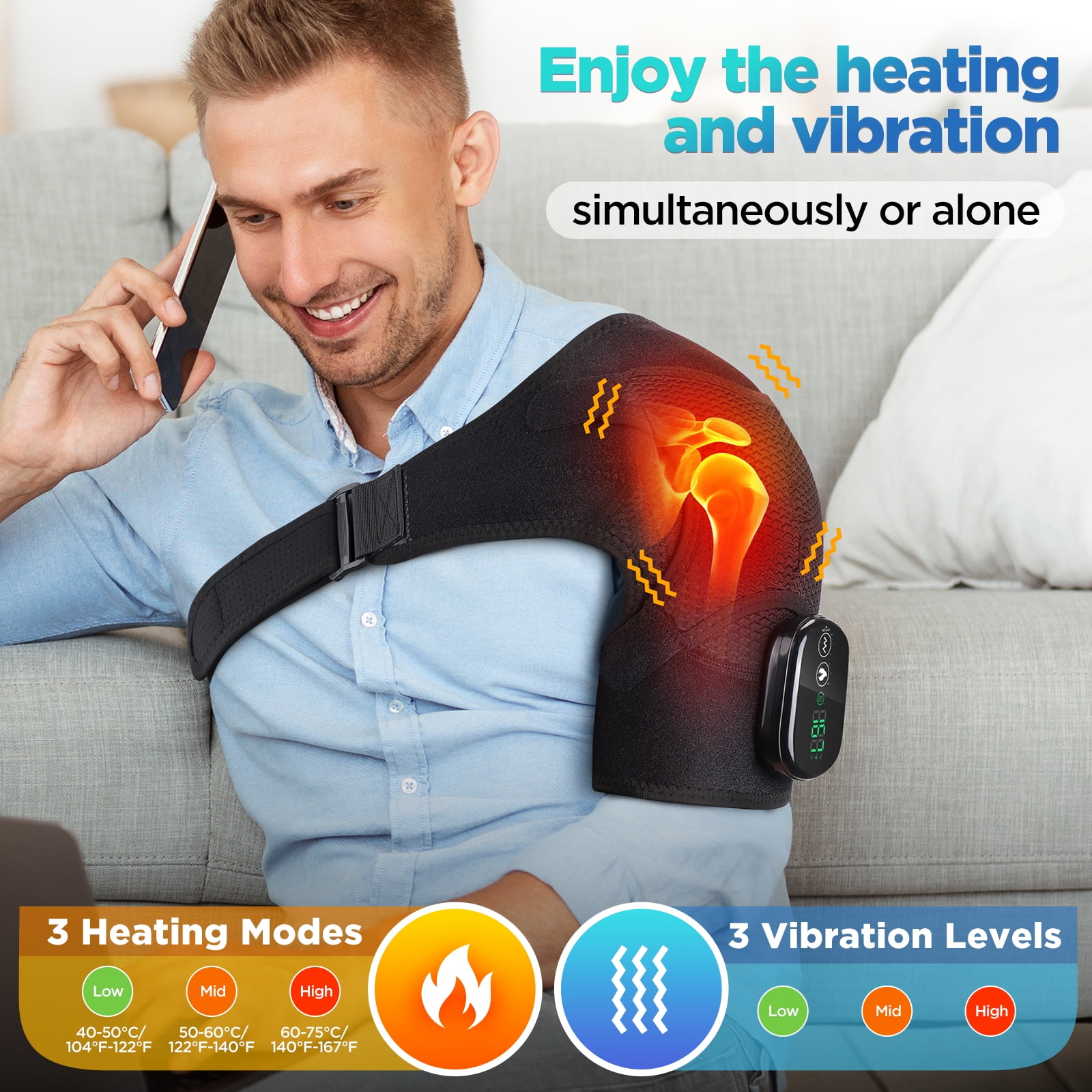 Cordless Heated Shoulder Brace, Shoulder Massager Wrap with 3 Speed Heat & 3 Vibration Massage for Men Women, Electric Shoulder Heating Pad for Relax, Black