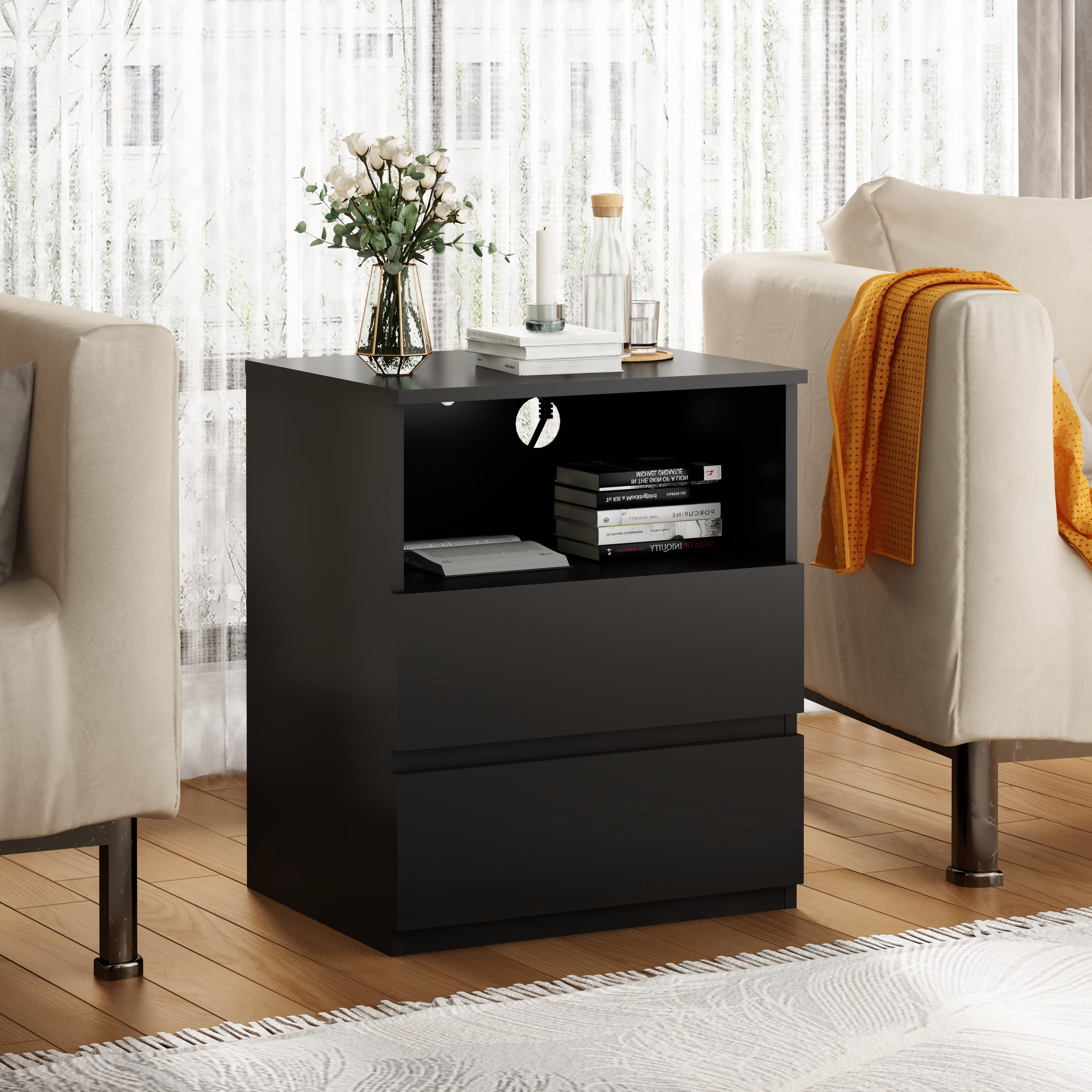 Mintazer Nightstand Set of 2, Bedside End Table with Charging Station, 2 Drawers & Open Storage Compartment, Particle Board Side Table for Bedroom Living Room, Black